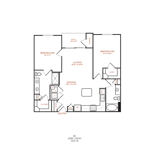 A floor plan of a 2 bedroom, 2 bathroom apartment.